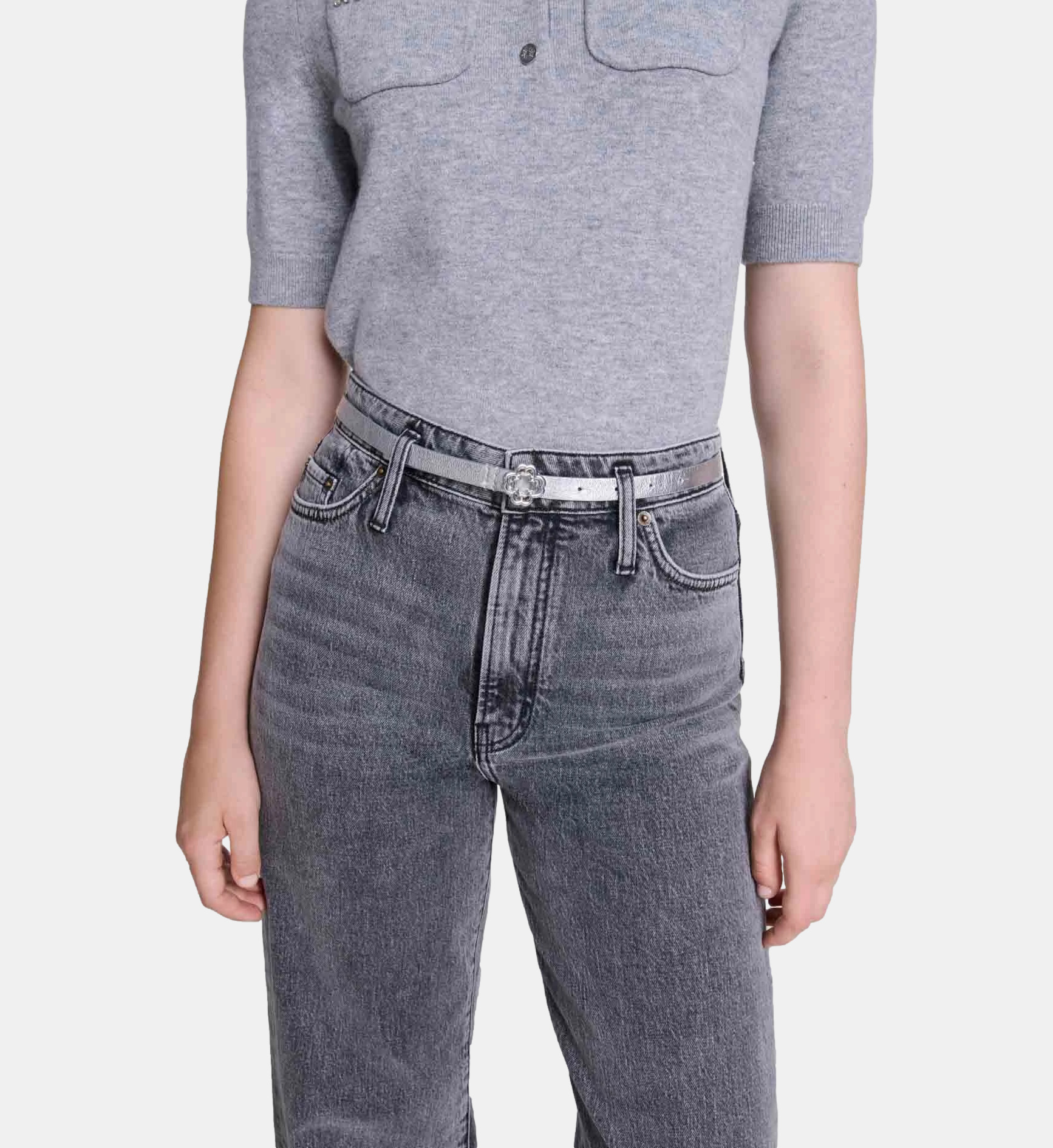 Ceinture Femme Maje En Cuir Noir Avec Détails Argentés - Boucle à Pression, Taille S - Occasion Très Bon état