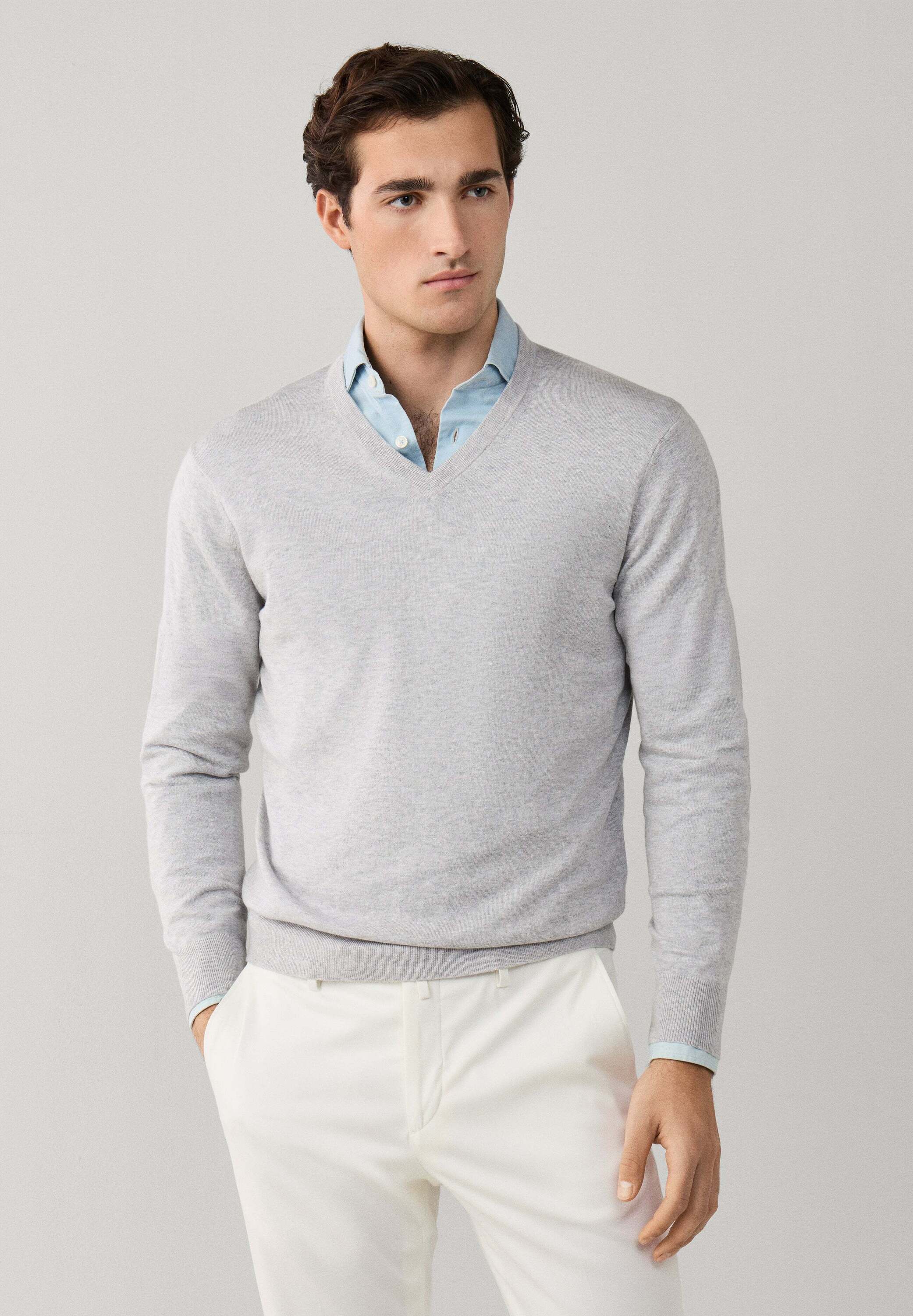 Pull décontracté pour homme à manches longues et col en V profond pour le printemps et l'automne, bleu, S