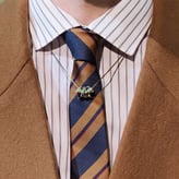 Gros plan sur un buste masculin vêtu d'un manteau camel, d'une chemise à fines rayures et d'une cravate rayée bleu et or, ornée d'un collier avec un pendentif en forme d'insecte.