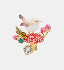 Broche plectrophane des neiges et champignon, bouton de rose et cristaux Les Néréides