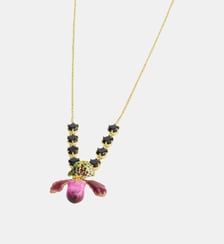 Collier orchidée violette et pierres en verre facetté noir Les Néréides