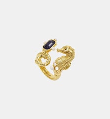 Bague ajustable hippocampe doré et pierre bleu marine Les Néréides