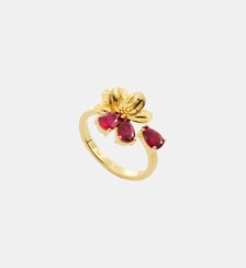 Bague ajustable dorée fleur de cosmos et pierres rouges Les Néréides