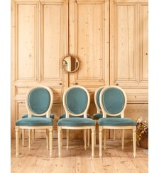 Lot de 6 chaises en bois et tissu bleu Claude N°1463- Produit chiné Debongout