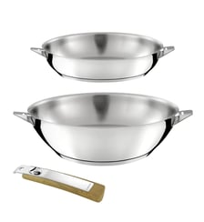 Eclipse - Lot de 1 poêle 24 cm et 1 wok 28 cm finition miroir avec poignée effet bois clair Cuisinox
