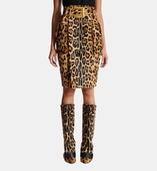 Jupe midi en cuir façon pony imprimé motif léopard Balmain
