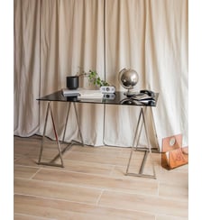 Bureau au plateau en verre fumé et pieds en chrome Yvan N°547- Produit chiné Debongout