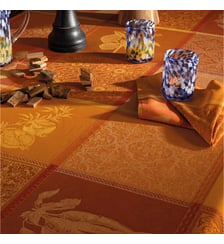 Nappe pur coton enduit motif jacquard jaune orange Mille tutti frutti ocre Garnier Thiebaut