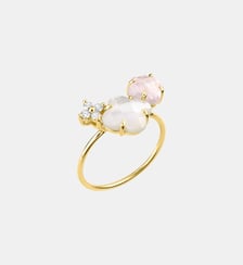 Bague, quartz rose, diamants, nacre blanche, or jaune Morganne Bello