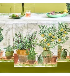 Chemin de table lin & coton lavé 190 g/m² imprimé vert marron Jardin provencal olive Garnier Thiebaut