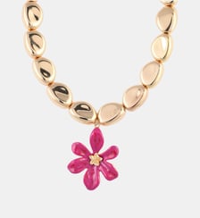 Collier perles dorées pendentif fleur rose fuchsia Balaboosté