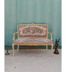 Banquette en bois beige et tissu rose Martine N°64- Produit chiné Debongout