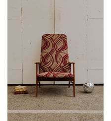 Fauteuil scandinave en bois et tissu à motifs Ernest N°988- Produit chiné Debongout