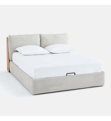 Lit double coffre, avec sommier relevable, en chêne et plaqué AM.PM