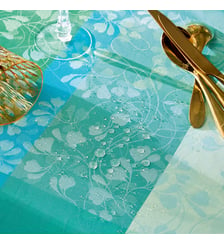 Nappe pur coton enduit motif jacquard bleu vert Mille feuillages turquoise Garnier Thiebaut