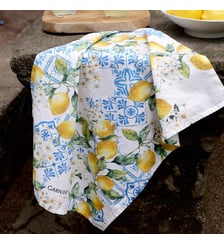 Torchon lin & coton lavé 190 g/m² imprimé bleu jaune Citrons azulejos bleu Garnier Thiebaut