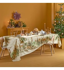 Nappe lin & coton lavé 150 g/m² imprimé beige vert Noel vintage dore Garnier Thiebaut
