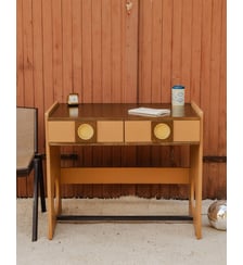 Bureau en bois marron et camel Yvan N°582- Produit chiné Debongout