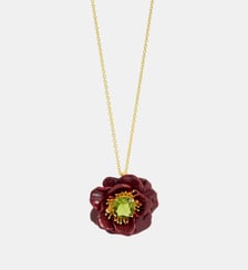 Collier pendentif fleur d'anémone bordeaux et pierre facettée verte Les Néréides