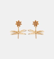 Boucles d'oreilles tiges pendantes libellule, fleur et cristaux Les Néréides