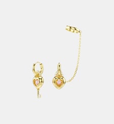 Pendants d’oreilles avec manchettes Idyllia, Cœur avec clé, Roses, Doré à l’or 18 carats (750/1000) Swarovski