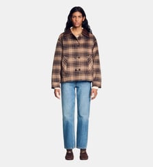 Manteau à carreaux col en cuir Sandro