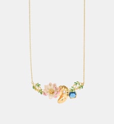 Collier plastron nymphéa rose, lotus doré, et pierre ronde bleue Les Néréides