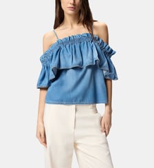 Top en denim à volants et épaules dénudées Pinko