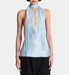 Top dos-nu en satin à franges Balmain
