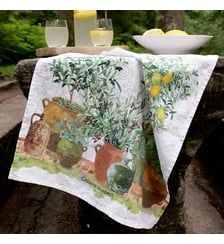 Torchon lin & coton lavé 190 g/m² imprimé vert marron Jardin provencal olive Garnier Thiebaut