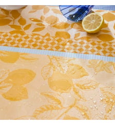 Nappe pur coton enduit 220 g/m² motif jacquard jaune bleu Mille citrons provence Garnier Thiebaut