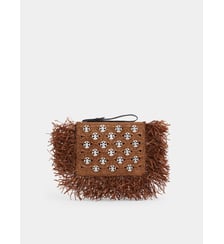 Pochette en raphia foncé avec détails de franges Rabanne