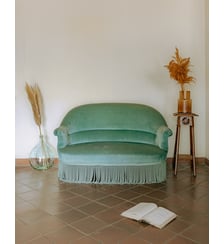 Banquette crapaud en velours turquoise céladon Martine N°60- Produit chiné Debongout