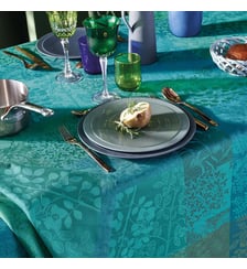 Nappe pur coton enduit motif jacquard vert Mille rameaux emeraude Garnier Thiebaut