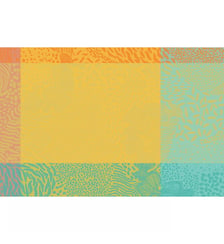 Set pur coton enduit motif jacquard bleu jaune orange Mille vagues exotique Garnier Thiebaut