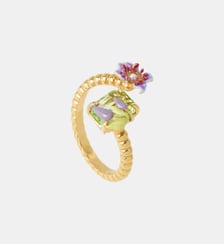 Bague ajustable clématite violette et pierre verte taille émeraude Les Néréides