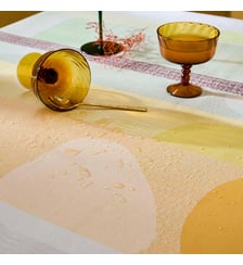 Nappe pur coton enduit 205 g/m² motif jacquard vert orange Mille galets terre cuite Garnier Thiebaut