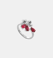 Bague ajustable argentée fleur de cosmos et pierres rouges Les Néréides