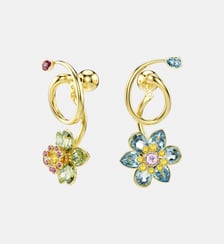 Pendants d'oreilles Idyllia, Design asymétrique, Fleur, Doré à l’or 18 carats (750/1000) Swarovski