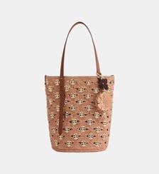 Grand sac seau en raphia naturel avec disques signature 1969 Rabanne