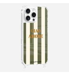 Coque de téléphone glossy ciao amore kaki avec anneaux pour iPhone 16 Pro Max La Coque Française