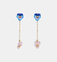 Boucles d'oreilles tiges pendantes pensée rose et perle et pensée bleu Les Néréides