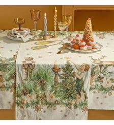 Chemin de table lin & coton lavé 150 g/m² imprimé beige vert Noel vintage dore Garnier Thiebaut