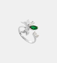Bague ajustable argentée fleur d'orchidée et pierres blanches et verte Les Néréides