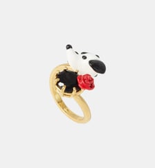Bague ajustable dalmatien, pierre ronde facettée noire et rose rouge Les Néréides