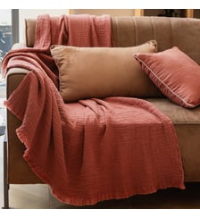 Plaid en gaze de coton, NATURELLEMENT GAUFRÉ Blanc Cerise