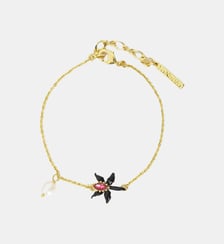 Bracelet fin orchidée noire, cristal facetté rose et perle de culture. Les Néréides