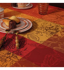 Nappe pur coton enduit motif jacquard orange rouge Mille senteurs epices Garnier Thiebaut