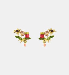 Boucles d'oreilles tiges pierre ronde rose, abeille dorée, framboise et perles Les Néréides