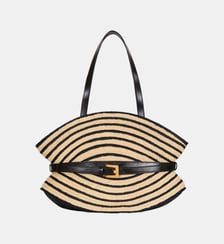 Sac Shuffle Medium en raphia bicolore et cuir lisse Balmain